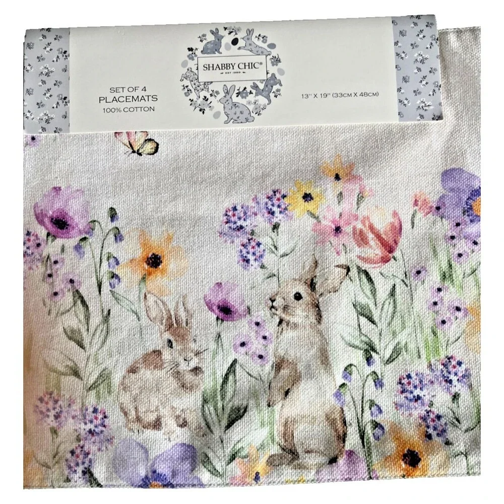 Shabby Chic Easter Bunny Placemats Set of 4 Spring Flowers Machine Wash 13x19